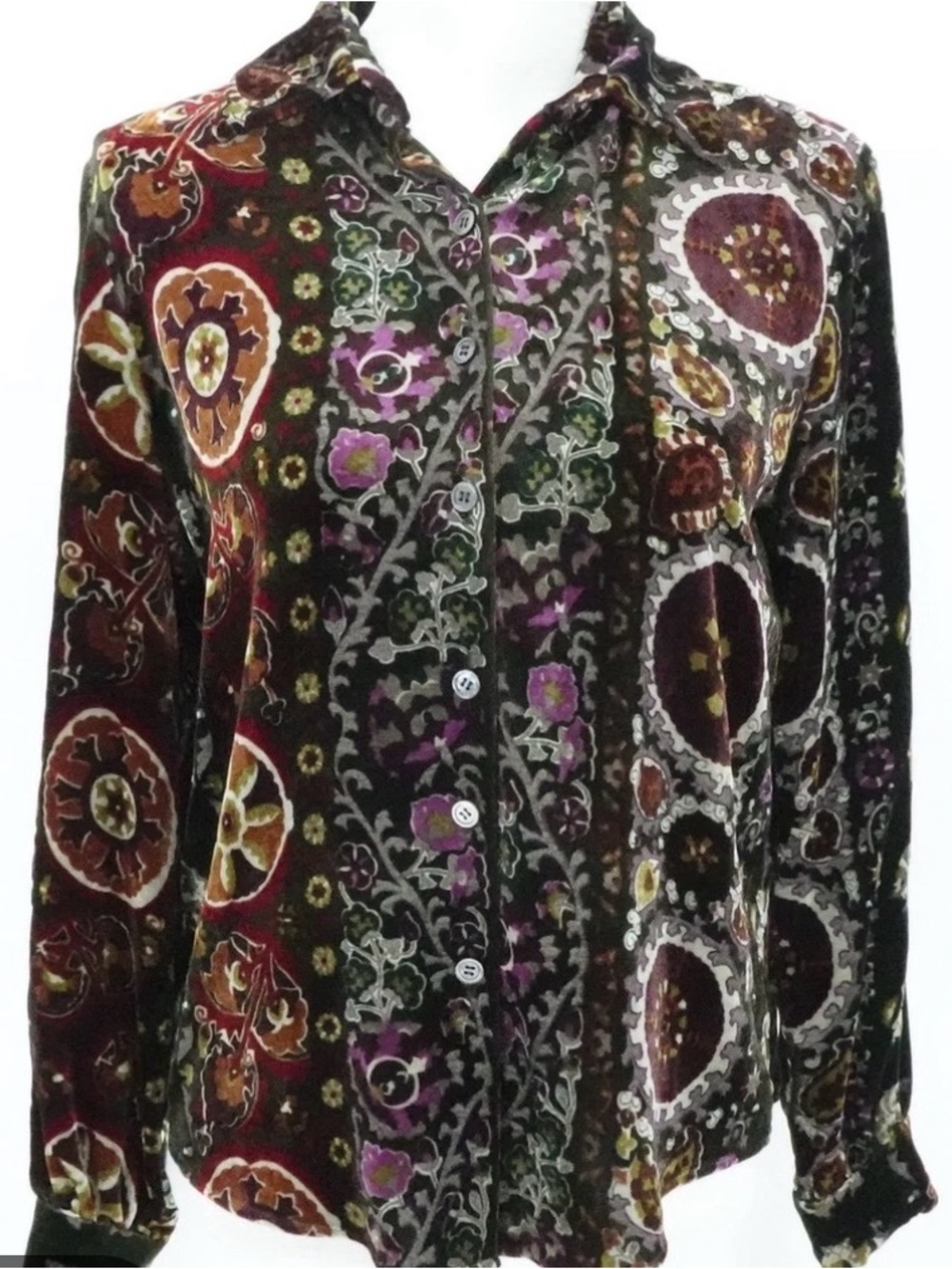 Vintage Women’s Printed Button-Up Velvet Blouse in Multicolor